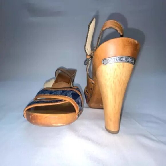Michael Kors Blue Denim Sling Back Leather Wood Canvas Logo Heels Size 8M GUC - Picture 3 of 11